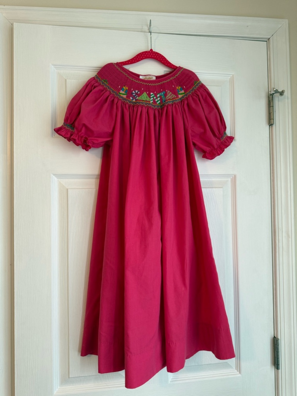 Girls Hot Pink Smocked Christmas Puff-Sleeve Dress